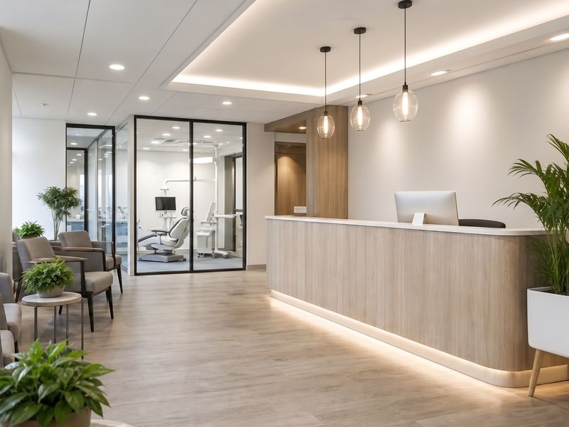 Clean dental office reception desk and waiting area with plants and soft lighting