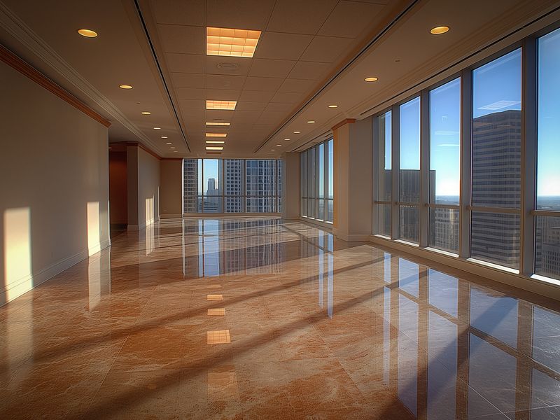 Empty, newly finished office suite with polished floors and city views