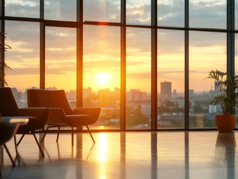 Office lounge with floor-to-ceiling windows overlooking a city at sunset