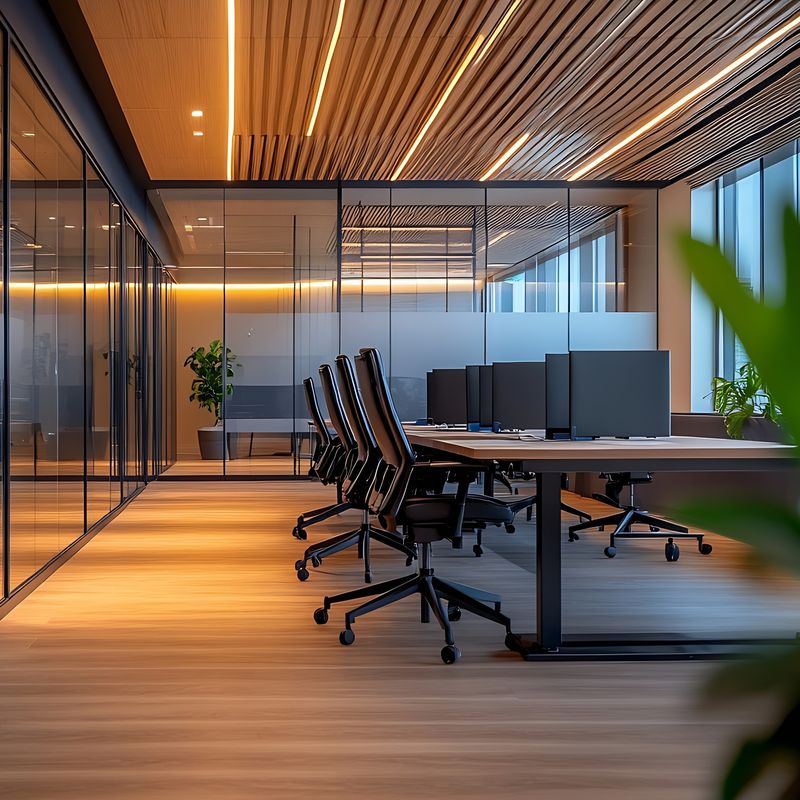 Empty open-plan office in the evening with warm ceiling lights and rows of desks